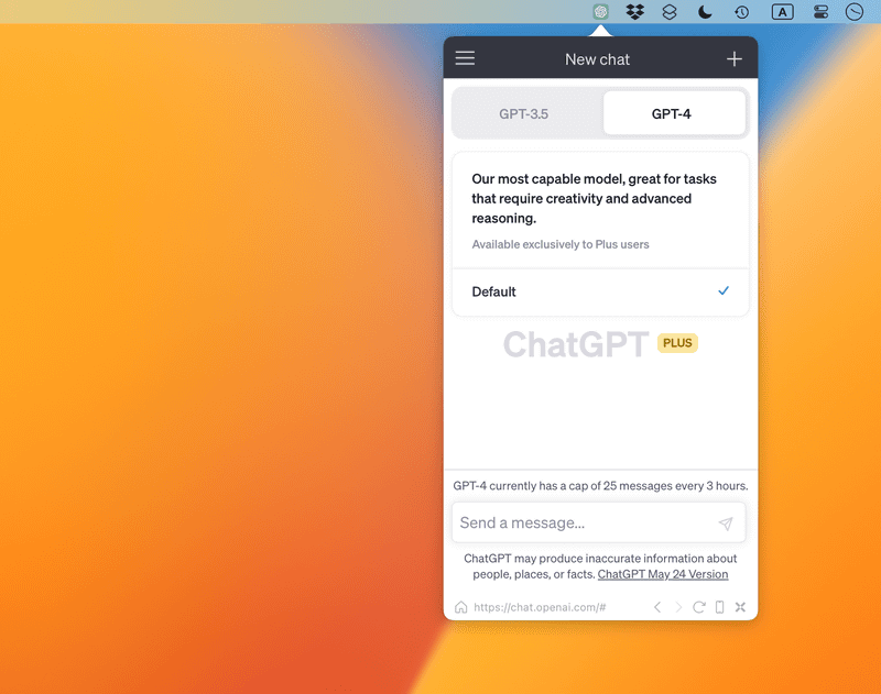 メニューバーのアイコンをクリックするだけでChatGPTの画面が表示され、チャット欄に質問文を入力して送信すると回答が表示されます。APIキーを設定すれば、メニューバーから直接質問を投げることも可能です