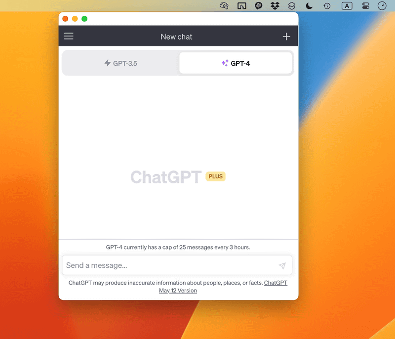 メニューバーアイコンをクリックすると、ChatGPTの画面が表示されます。ログインや操作方法は通常の場合と共通です。そのほかの活用方法についても<a href="https://folivora.ai/blog/post/13300" class="n" target="_blank">BetterTouchToolの開発ブログ</a>に掲載されています