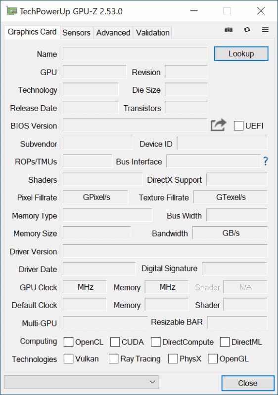 「GPU-Z」による情報：まだMTT S80はGPU-Zのデータベースに登録されておらず、かつGPU-Z側からMTT S80のクロックなどを取得できないため、すべて空欄となる