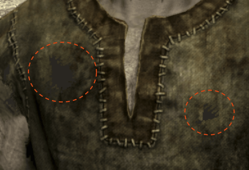 丸で囲んだ部分が描画不良箇所。こういう箇所がキャラのテクスチャの上に乗り、かつ高速で明滅するのだ……