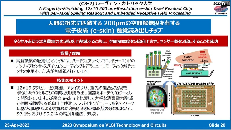 ルーヴェン・カトリック大学が開発した、ヒトの指先と同等の空間分解能を有する電子皮膚触覚チップ(番号8-2)