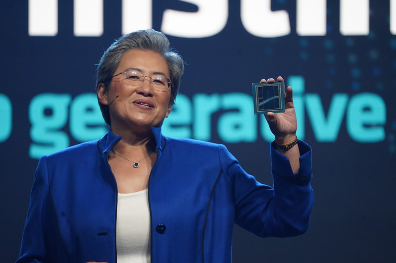 AMD リサ・スーCEOが手に持つのが、GPUダイが8つと192GB HBM3から構成されているInstinct MI300X