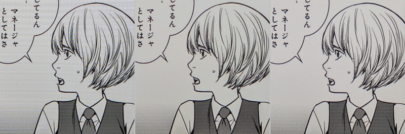 表示クオリティの比較。左から本製品(213ppi)、Fire HD 10 Plus(224ppi)、第10世代iPad(264ppi)。髪のディティールにやや差はあるが、解像度ほどの違いは感じられない