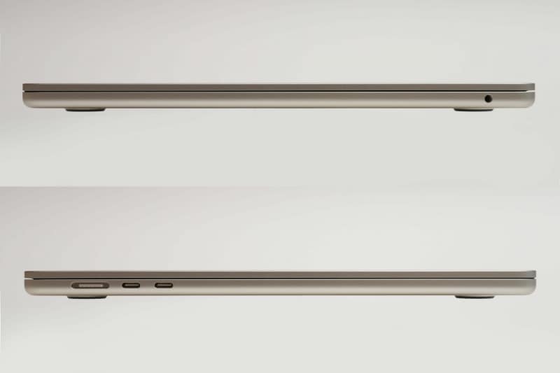 右側面には3.5mmヘッドフォンジャック、左側面にはMagSafe 3充電ポート、Thunderbolt 3×2(充電、DisplayPort、Thunderbolt接続時最大40Gb/s、USB 4接続時最大40Gb/s、USB 3.1 Gen 2接続時最大10Gb/s)を用意