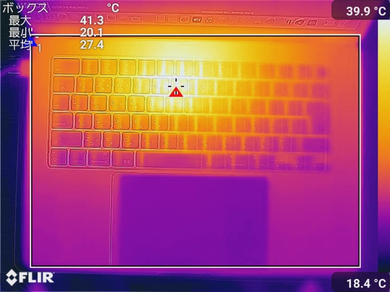Cinebench R23.200を10分間実行後のキーボード面の最大温度は41.3℃(室温24.5℃で測定)