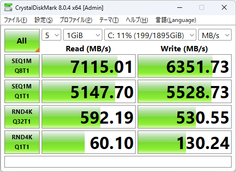 ストレージ速度をチェックするCrystalDiskMark 8.0.4については、AOKZOE A1 Proのみ実行してみたが、スコアとしては問題なさそうだ