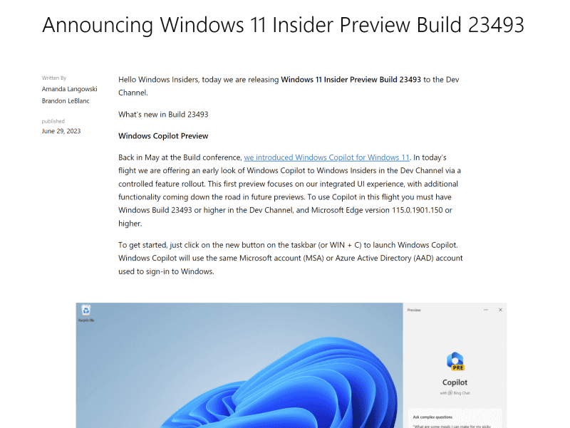 <a href="https://blogs.windows.com/windows-insider/2023/06/29/announcing-windows-11-insider-preview-build-23493/" class="n" target="_blank">Windows 11 ビルド23493のリリース</a>