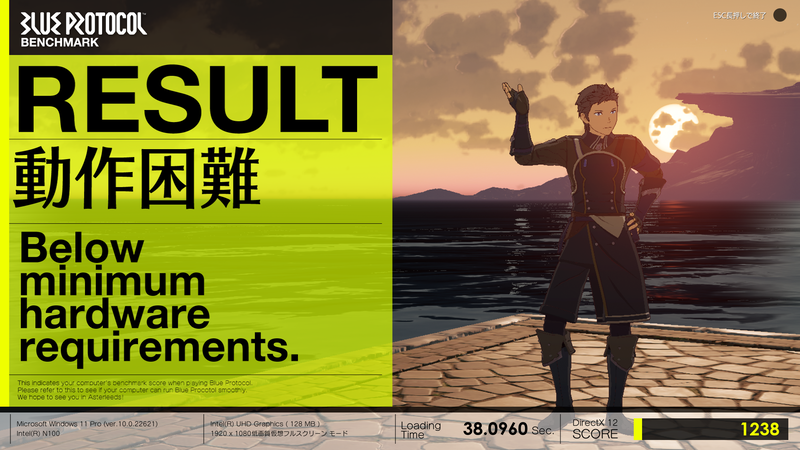 低画質プリセットのスコアは1,238、レポートの平均フレームレートは8.998