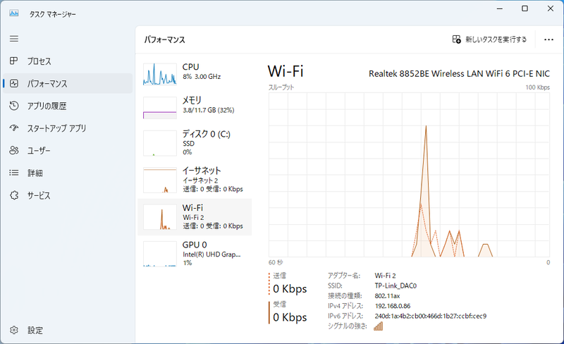 ネットワークカードはCdtech CDW-C9852BE-00でICはRealtek RTL8852BE