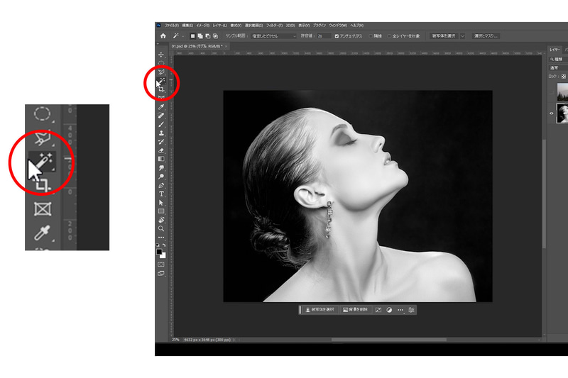自動選択ツールを選択し、オプションバーに「被写体を選択」を表示させます。これはクイック選択ツールやオブジェクト選択ツールを選択したときにも表示されます
