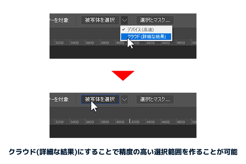 「被写体を選択」横のプルダウンをクリックし「デバイス(高速)」から「クラウド(詳細な結果)」に変更してから「被写体を選択」をクリックします。「クラウド(詳細な結果)」にすることで「デバイス(高速)」よりも精度の高い選択範囲を作ることができます