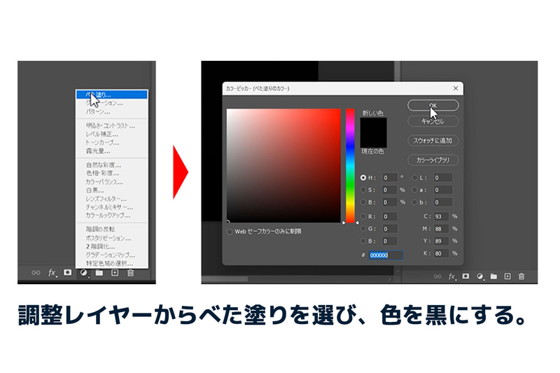 背景を作るために調整レイヤーから「べた塗り」を選び、色を黒にします。黒いべた塗りができたらレイヤーをドラッグして一番下に移動させておきます