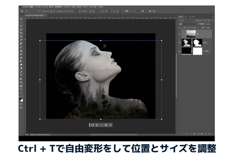 Ctrl+Tで自由変形をし位置や大きさを調整します