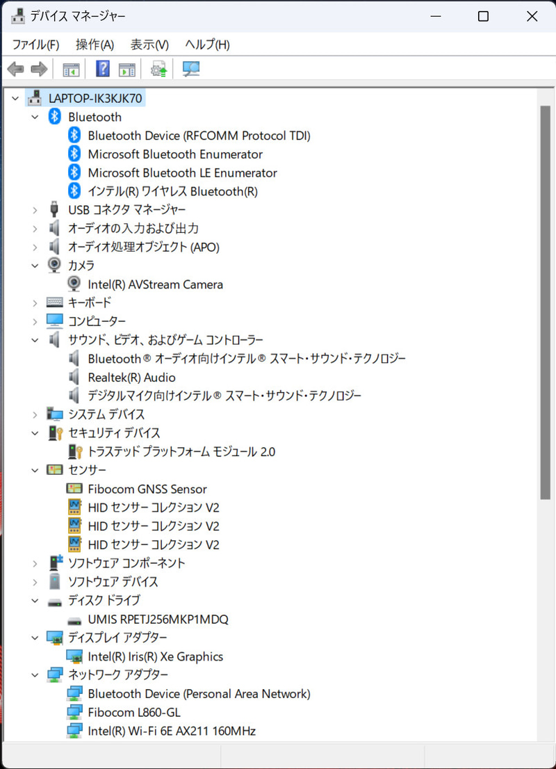 デバイスマネージャ/主要なデバイス。SSD 256GBは「UMIS RPETJ256MKP1MQD」、Wi-FiはIntel Wi-Fi 6E AX211、BluetoothもIntel製、WANはFibocom L860-GL