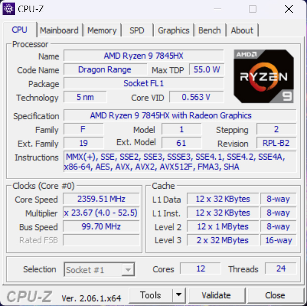 CPU-Zでの情報。12コア24スレッドのAMD Ryzen™ 9 7845HXを搭載。高性能だが消費電力の目安となるTDPも55WとノートPC向けとしては高め