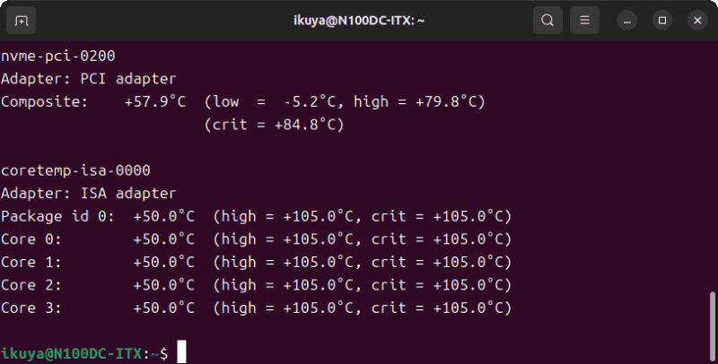 sensorsコマンドの実行結果