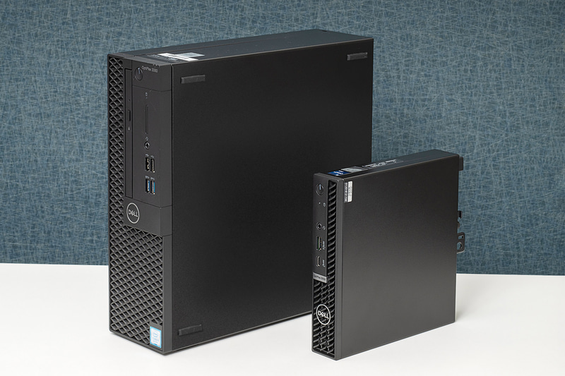 新旧のサイズ比較。OptiPlex 5000 マイクロフォームファクターはおおよそ8分の1のサイズ