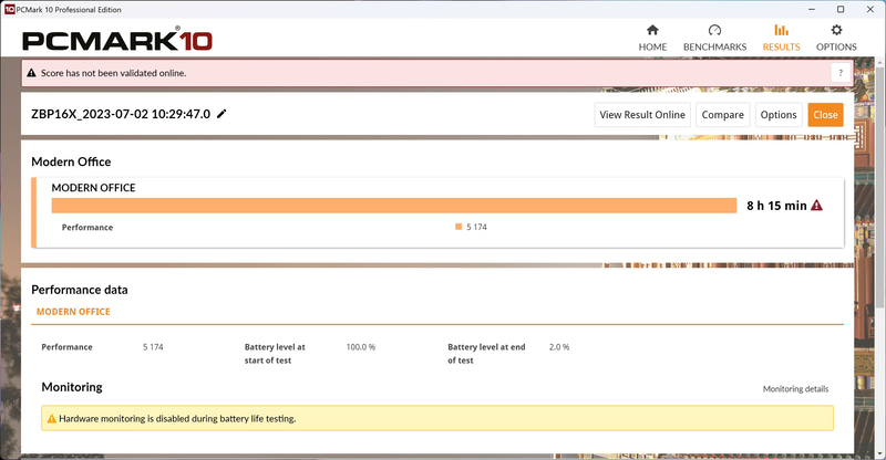 PCMark 10/Modern Office Battery Lifeの結果。残量2%まで8時間15分動作した
