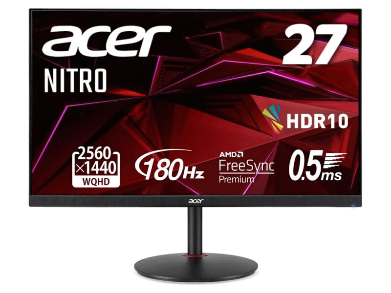 <a href="https://acerjapan.com/monitor/nitro/xv1/XV271UM3bmiiprx" class="n" target="_blank">製品ページのURL</a><br>価格: 4万1,946円●パネル:27型IPS●解像度:2,560×1,440ドット●表面処理:非光沢●リフレッシュレート:180Hz(DP)、144Hz(HDMI)●応答速度:1ms(GTG)●輝度:250cd/平方m●コントラスト比:1,000:1●表示色:約1,670万色●視野角:上下/左右178度●インターフェイス:DisplayPort 1.2×1、HDMI 2.0×2●スピーカー:2W×2●サイズ:614×246.401～521×233mm●重量:5.5kg