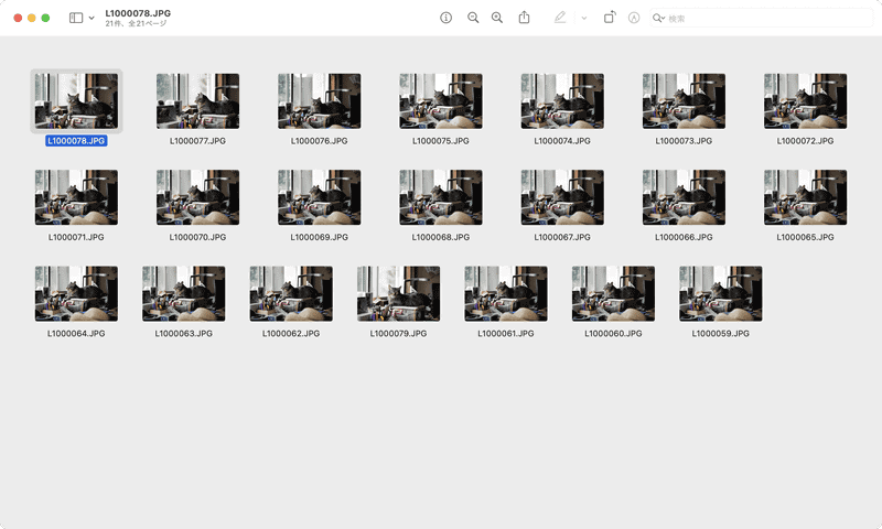 [表示]メニューから[コンタクトシート]を選ぶとウィンドウ内にさらに多くの項目を表示できます(ダブルクリックして開けます)。「コンタクトシート表示」に戻すときは[表示]メニューから[コンタクトシート]を再選択するか、[command]キー+[option]キー+[6]キーを押しましょう