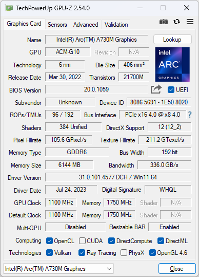 Intelのモバイル向けdGPU「Arc A730M」