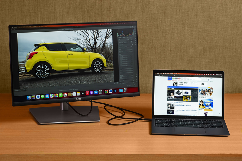 USB 3.2 Gen 1 Type-C端子は最大出力90WのUSB-PDとDP Altに対応。ケーブル1本で接続するだけで、映像出力、電源供給、データ通信が可能。USBハブ機能を活用すれば、複数のUSB周辺機器をモニター側にまとめて接続できる