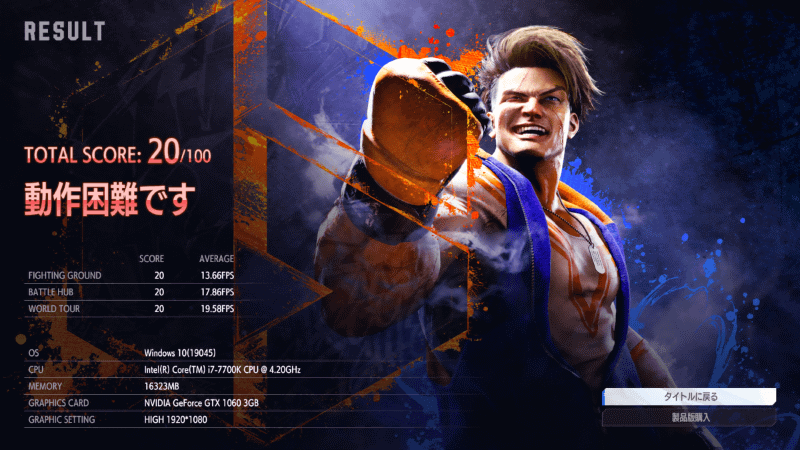 自作ゲーミングPCでの「ストリートファイター6ベンチマーク」の結果。フルHD解像度/HIGHではスコア20となった