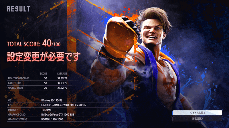 自作ゲーミングPCでの「ストリートファイター6ベンチマーク」の結果。フルHD解像度/NORMALではスコア40となった