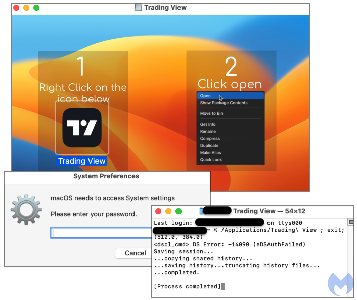 偽のアプリによりユーザーパスワードが要求される様子(出典:Malwarebytes)