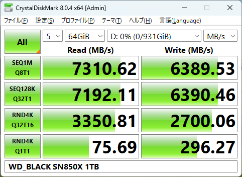 データサイズ 64GiB WD_BLACK SN850X NVMe SSD WDS100T2X0E