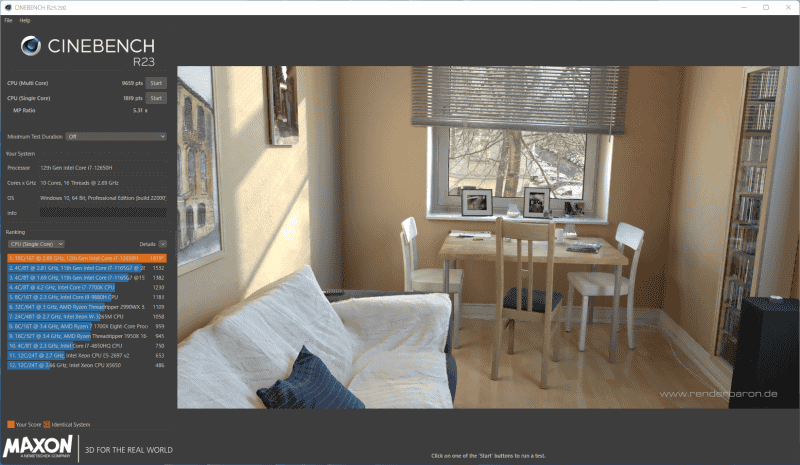Cinebench R23の結果。シングルコアはさすがだが、マルチコアのスコアは1万を切っている