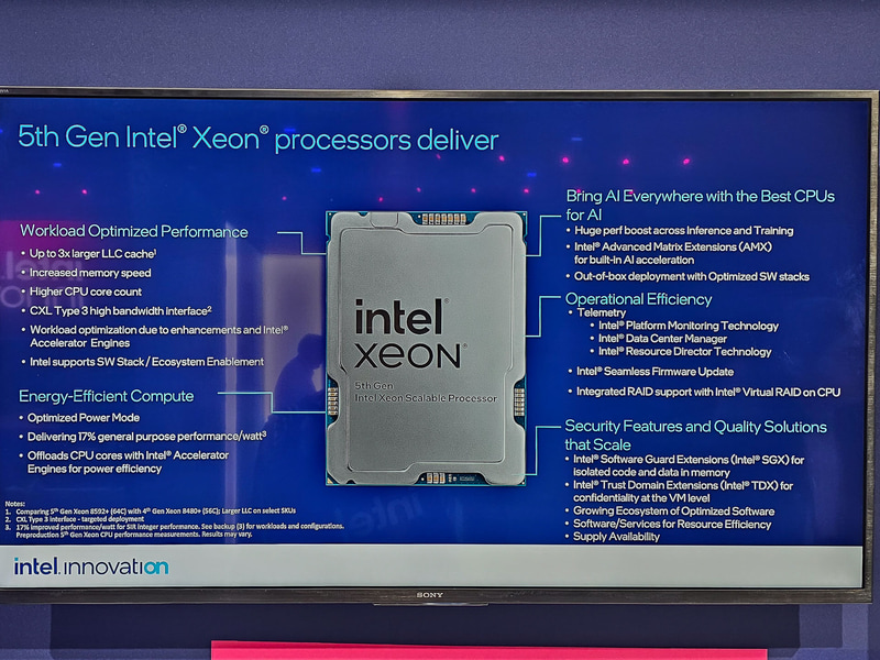 展示会場に掲示されていた第5世代Xeon SPの機能を説明するスライド