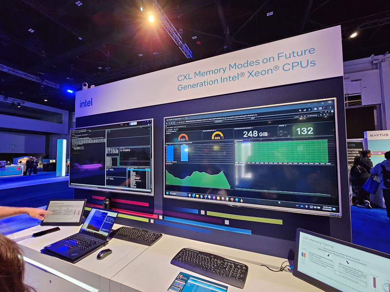 左が第5世代Xeon SPでのCXL Type3のデモ、右がGranite RapidsでのCLXメモリ・ティアリングのデモ