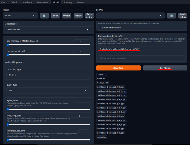 モデルのダウンロード(1/2)。TheBloke/CodeLlama-34B-Instruct-GGUFを入力して一覧表示