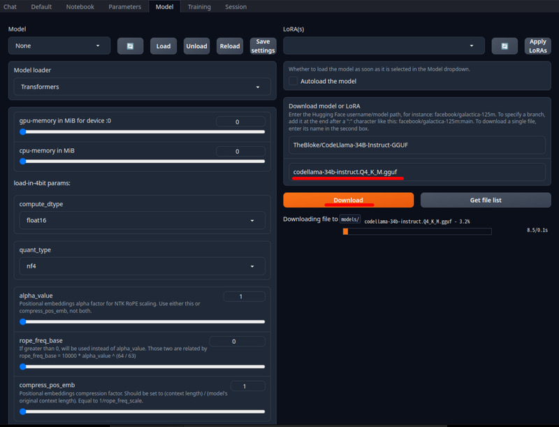 モデルのダウンロード(2/2)。codellama-34b-instruct.Q4_K_M.ggufをダウンロード中