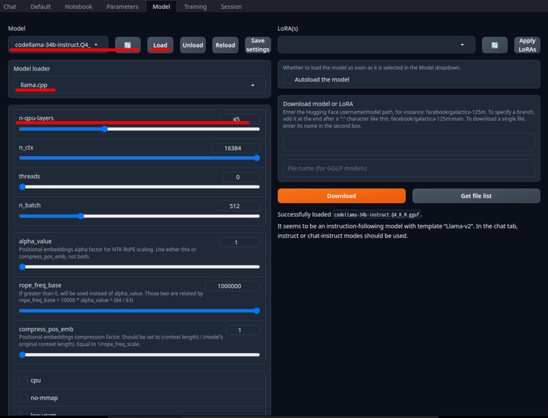 モデルのロード。Modelを選択、Model Loaderをllama.cpp、n-gpu-layersを45