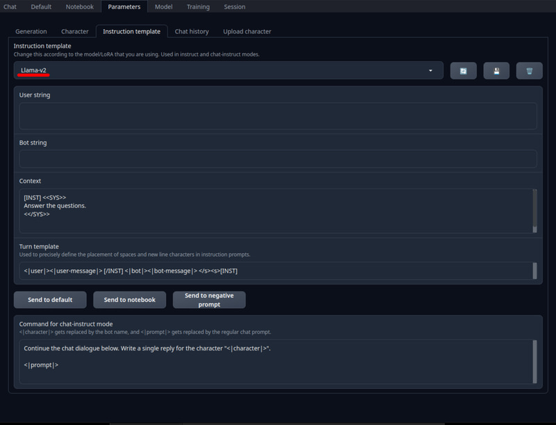 Parameters > Instruction template をLlama-v2へ
