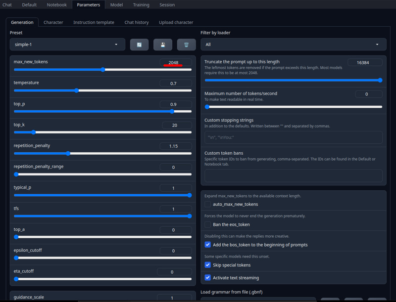 Parameters > Generationのmax_new_tokensを4,096へ。画面キャプチャは2,048だがこの後、4,096へ変更した