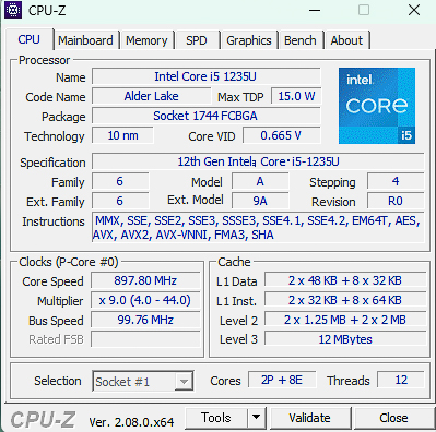 CPUはCore i5-1235U(CPU-Zによる表示)
