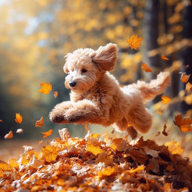 Bingチャットでのプロンプト例(create an image of a golden doodle jumping into a pile of leaves, action photography.)