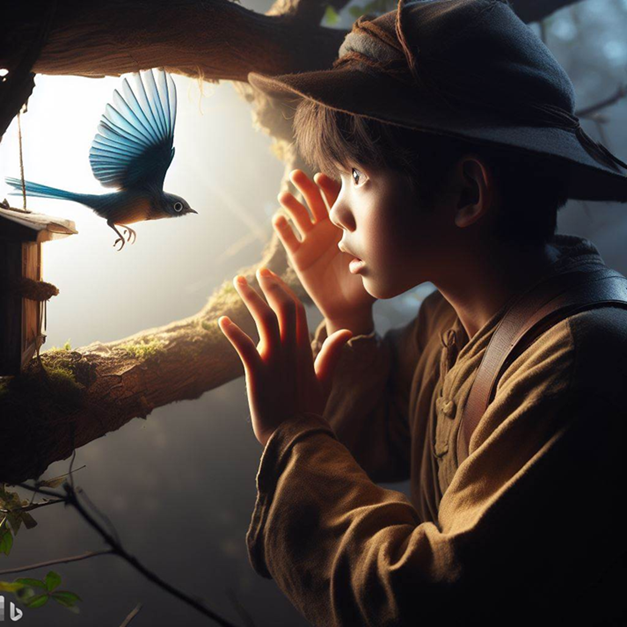 generate an image of a mystified child discovering an unusual bird that does not exist, over the shoulder shot, midday, detailed.