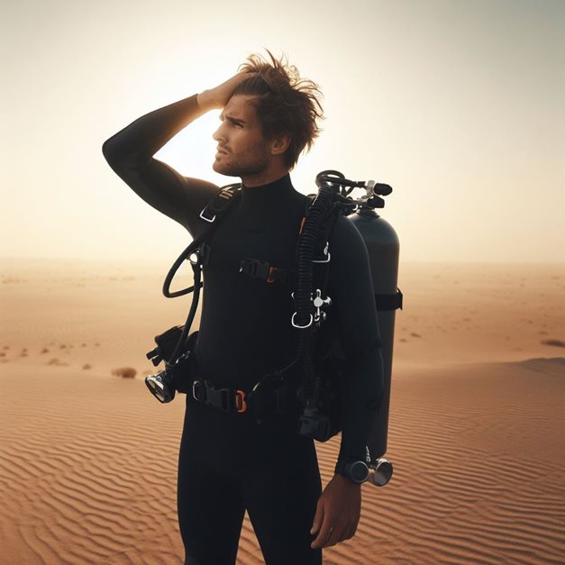 create a scuba diver standing in the middle of a vast desert scratching their head with a lost look on their face.