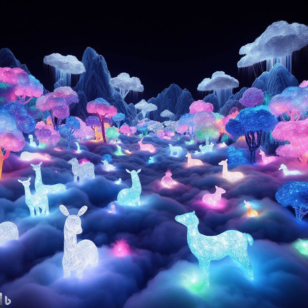 generate a vast landscape made of cotton candy, filled with glowing animals made of neon threads
