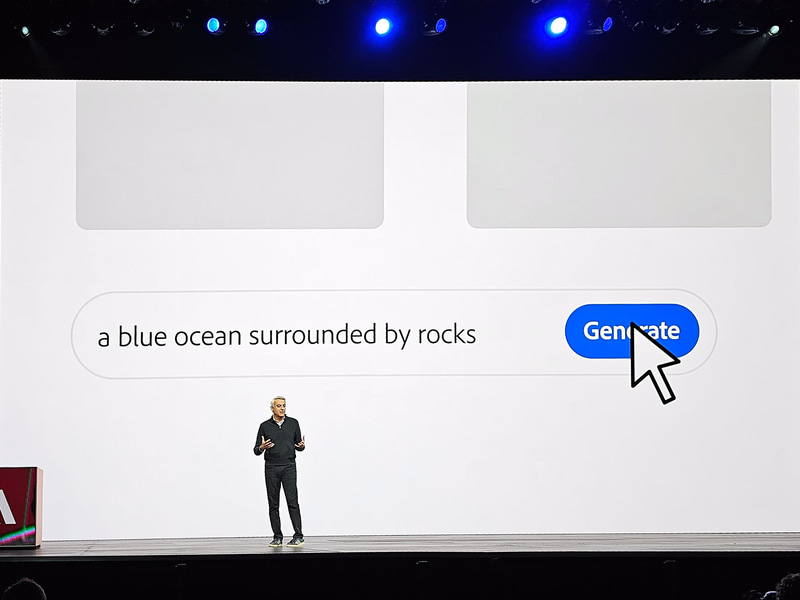 Adobe Firefly Video Modelの「テキストから動画」の例、青い海でその周りに岩がある……などと入力するとそれに応じた動画を自動生成