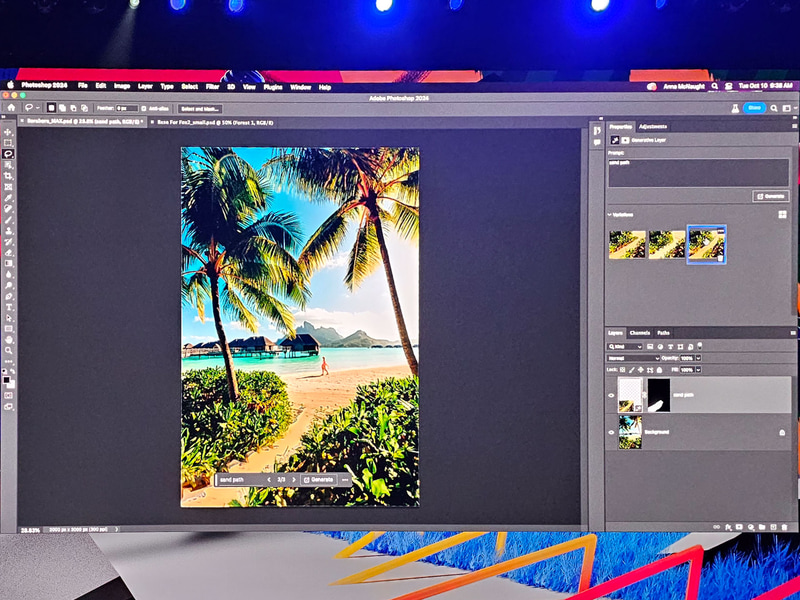 テキストから画像生成のデモ、草の部分を範囲指定して、道を生成する指示を出すとこの通り