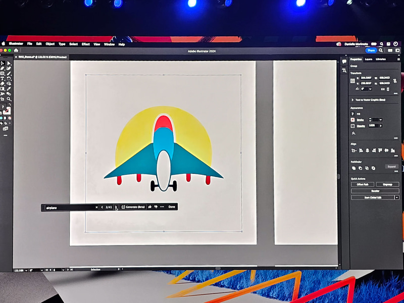テキストからベクター生成のデモ。飛行機と入れることで、飛行機のベクターデータをAIが自動生成してくれる、生成したイメージはベクターデータなので、自由に編集可能