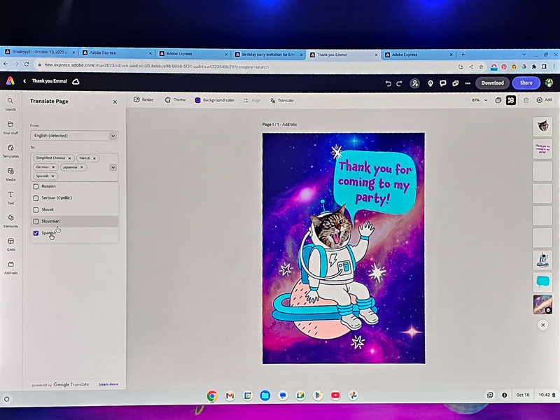 Adobe Expressのデモ、英語から複数の言語に自動翻訳