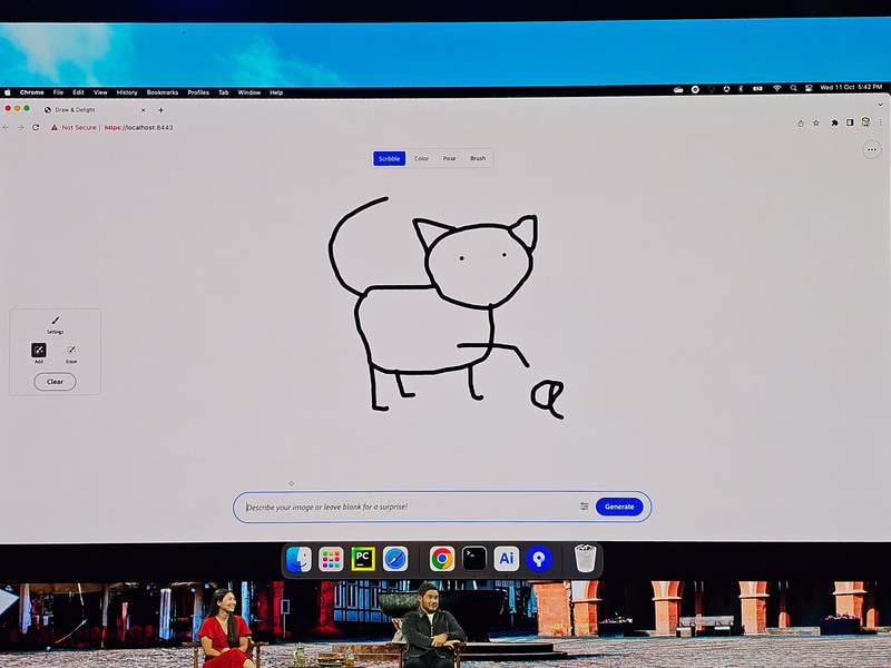 ポンチ絵からテキストプロンプトに「ネコ」と入れるだけでネコのベクター画像が生成される。色なども自動でつけたり可能で、最終的には割とイケテルイラストが完成