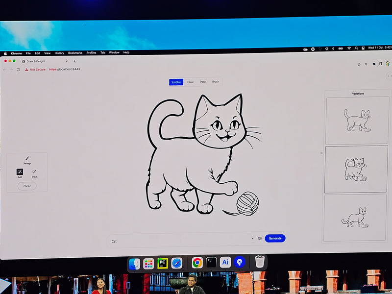 ポンチ絵からテキストプロンプトに「ネコ」と入れるだけでネコのベクター画像が生成される。色なども自動でつけたり可能で、最終的には割とイケテルイラストが完成