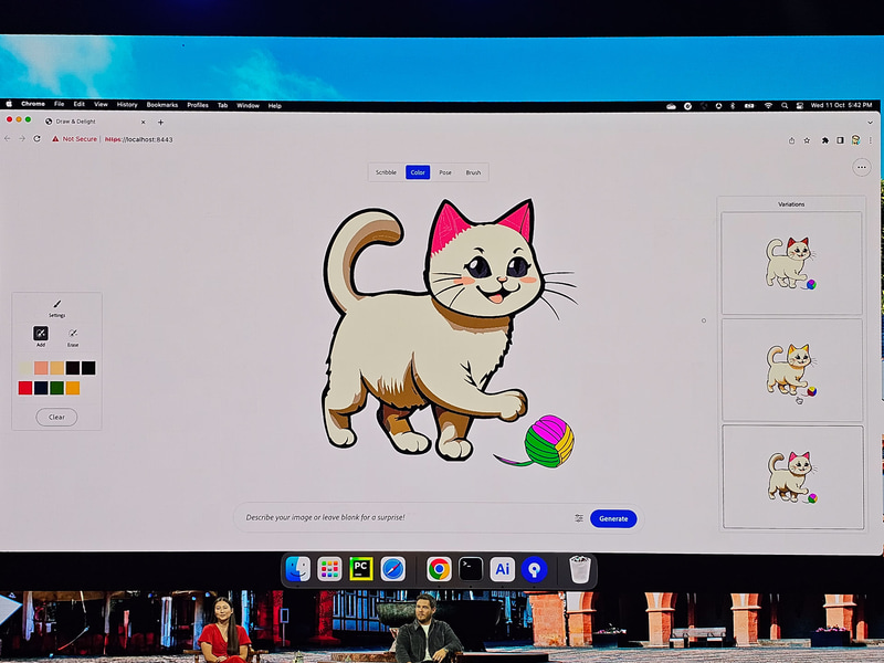 ポンチ絵からテキストプロンプトに「ネコ」と入れるだけでネコのベクター画像が生成される。色なども自動でつけたり可能で、最終的には割とイケテルイラストが完成